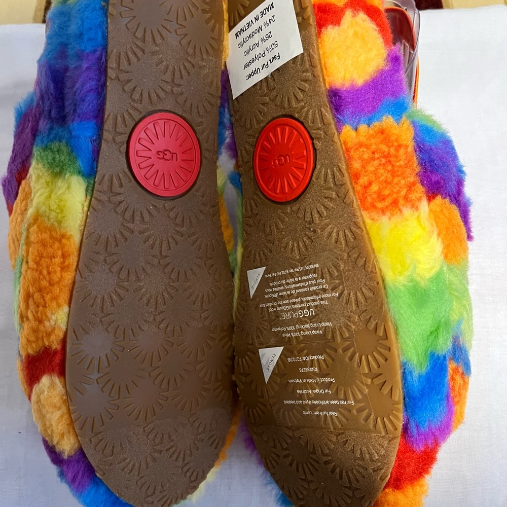 UGG AUTHENTIC FLUFF YEAH CALI PRIDE COLLAGE RAINBOW STRIPES SLIDES - Picture 9 of 17